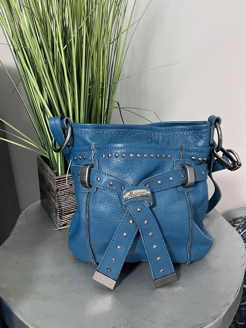 Y2K B. Makowsky Blue Genuine Leather Studded Shoulder Bag